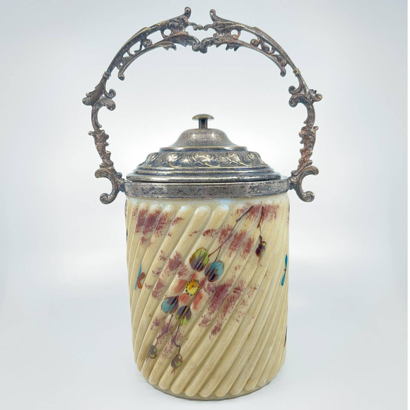 Vintage Other - Antique Victorian Biscuit Jar Floral Glass Handle Filigree Shabby Chic Vintage